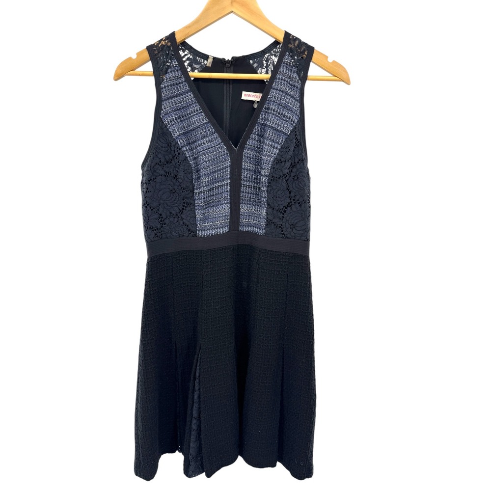 Rebecca Taylor Black Tweed Lace Trim V Neck Sleeveless Fit Flare Dress‎ Size 6